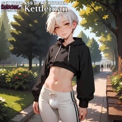 ai_generated amber_eyes bulge cute femboy feminine feminine_male hoodie kettleman outdoors outside petite slender_waist slim_waist sweatpants trap twink white_hair yellow_eyes