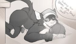 anthro aroused baal_sylva clothing domestic_cat duo felid feline felis footwear genitals hi_res male male/male mammal musk on_ground penis sandals shoes sniffing submissive terry_(disambiguation) tonkotsu_spicy_noodle