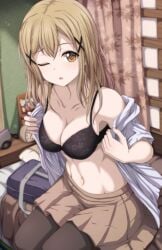 1girls ;o alarm_clock bad_id bad_twitter_id bag bang_dream! bare_shoulders bed black_bra blonde_hair blurry bra breasts brown_eyes brown_pantyhose brown_skirt cleavage clock collarbone commentary_request curtains depth_of_field fingernails floral_print groin hair_between_eyes hair_down hair_ornament highres ichigaya_arisa indoors long_hair looking_at_viewer medium_breasts miniskirt narafume navel on_bed one_eye_closed open_clothes open_shirt pantyhose parted_lips photo_(object) picture_frame pillow pleated_skirt print_bra print_curtains school_bag shirt short_sleeves sidelocks sitting skirt solo stomach tongue underwear white_shirt x_hair_ornament