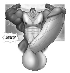 1boy anthro anthro_male big_balls big_penis black_and_white blue_eyes chest_hair collar collar_only collarbone english_dialogue english_text fangs fangs_bared fangs_out flexing flexing_arms flexing_bicep furry furry_male growth hanging_balls looking_at_viewer male male_anthro massive_penis muscles muscular muscular_anthro muscular_male penis_bigger_than_body pubic_hair scar_on_chest smile smiling smiling_at_viewer solard0gg0 solo speech_bubble veiny veiny_muscles veiny_penis watermark