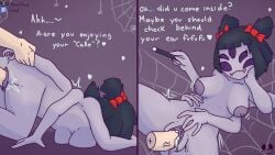 1girls 5_eyes 6_arms big_areola big_breasts black_eyes black_hair breasts english english_text female monster_girl muffet naked naked_female ribbon spider_girl spider_web tagme thick_thighs tussal undertale undertale_(series) watermark