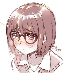 1boy androgynous blush brown_hair bukkake clothing cum cum_on_glasses cum_on_hair facial flying_sweatdrops genshiken glasses hato_kenjirou male monochrome short_hair solo sweat trap zpolice