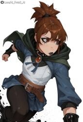 ai_generated background belt black_lips black_pantyhose blue_skirt boots brooch brown_belt brown_eyes brown_hair cape collar dota_2 eyeshadow female hood jewelry looking_to_the_side makeup marci marci_(dota) pantyhose ponytail simple skirt solo spiked_collar spikes white_background