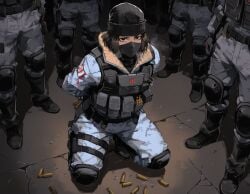 1girls 4boys about_to_be_raped ai_generated black_hair captured captured_heroine defeated defeated_heroine female frost_(rainbow_six) looking_at_viewer male rainbow_six rainbow_six_siege tagme