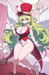 ai_generated angel_wings cuffs_(clothing) green_hair heels large_breasts leotard long_hair mad_rat_dead rat_girl rat_god rat_god_(mad_rat_dead) rat_tail red_clothing thick_thighs valkris9 wings