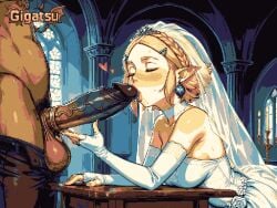 ai_assisted ai_generated animated animation aseprite_(artwork) big_penis blonde_hair closed_eyes dark-skinned_male dark_skin elf elf_ears elf_female gigatsu kissing_penis limited_palette netorare nintendo pixel_animation pixel_art princess_zelda twitching wedding_dress wedding_ring zelda_(tears_of_the_kingdom)