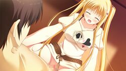 blonde_hair breasts censored closed_eyes female game_cg kagami_inori narumi_suzune penis tied_hair tojita_sekai_no_tori_colony twintails