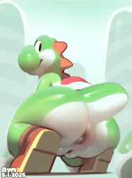 1girls 2025 anthro anus ass aymbord big_butt clothing egg egg_laying female female_only footwear genitals green_body laying_egg mario_(series) nintendo pussy rear_view reptile scalie shoes simple_background solo yoshi
