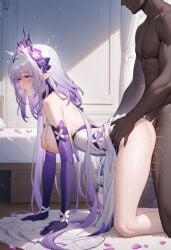 1girls ai_generated all_fours castorice_(honkai:_star_rail) dark-skinned_male deep_penetration degenbrecher doggy_style dress elf_ears female flowers honkai:_star_rail large_breasts long_hair motion_lines open_mouth purple_eyes sex_from_behind steam sweat trembling wet white_dress white_skinned_female