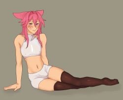 bedroom_eyes blush clothing erection footwear genshin_impact hair hi_res human humanoid legwear lying male mammal mihoyo narrowed_eyes nipples pink_hair purple_eyes seductive socks solo stockings tight_clothing white_clothing yae_miko yaegorou247