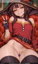 ai_generated bandages bare_shoulders belt belt_buckle black_gloves black_hair black_legwear blush breasts brown_hair cape collar cuckingmama dress female fingerless_gloves gloves grin hat looking_at_viewer megumin no_panties pussy red_dress red_eyes short_hair short_hair_with_long_locks single_thighhigh small_breasts smile solo tagme thighhighs thighs witch_hat