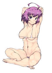 ahoge areola_slip areolae armpits arms_behind_head barefoot bikini breasts clitoris_slip feet female hamada_yoshikazu highres micro_bikini navel nipples original pubic_hair purple_eyes purple_hair short_hair side-tie_bikini sitting sitting_indian_style smile solo swimsuit toes toned tsugumomo yari_no_chikage