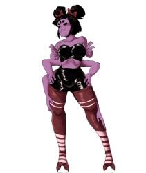1girls 5_eyes big_breasts breasts female looking_away monster_girl muffet ribbons shorts simple_background solo solo_female spider_girl striped_thighhighs thick_thighs thighhighs undertale undertale_(series) white_background zackocafeina