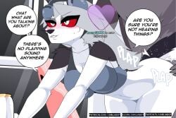2025 3:2 anthro bottomless breasts canid canid_demon canine carliabot clothed clothing demon duo english_text female female_penetrated fur grey_hair hair hellhound helluva_boss loona_(helluva_boss) male male/female male_penetrating male_penetrating_female mammal mythological_canine mythological_creature mythology penetration red_sclera sex speech_bubble text url white_body white_fur