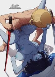 1boy absurdres black_hair blue_eyes blue_skin breasts colored_skin completely_nude doktor_malefic dual_wielding elden_ring extra_arms female hat highres holding holding_sword holding_weapon large_breasts let_me_solo_her long_hair missing_commentary nipples nude penis pussy ranni_the_witch sex simple_background standing straight sword uncensored vaginal_penetration weapon white_background white_hat