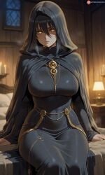 ai_art ai_generated all_black bigbizarts cloak curvy_figure goth_girl gown hood shadow_cloak yellow_eyes