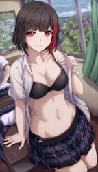 arm_support bad_id bad_twitter_id bang_dream! black_bra black_hair black_panties blue_skirt blurry bra breasts chalkboard classroom cleavage closed_mouth clothes_pull collarbone collared_shirt commentary_request depth_of_field desk highres indoors looking_at_viewer medium_breasts midriff mitake_ran multicolored_hair multiple_girls narafume navel on_desk open_clothes open_shirt open_skirt out_of_frame panties pleated_skirt purple_eyes raised_eyebrows see-through_clothes shirt shirt_pull short_hair short_sleeves sitting skirt smile solo_focus stomach streaked_hair underwear white_shirt