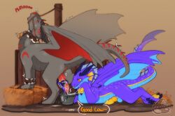 4_ears black_body black_claws black_horn black_scales blue_body blue_scales claws cocodrops_(artist) dragon erection feral genitals grey_body grey_scales horn knot male male/male membrane_(anatomy) membranous_wings multi_ear mythological_creature mythological_scalie mythology orange_knot orange_penis penile penis penis_milking purple_body purple_claws purple_horn purple_scales red_knot red_membrane red_penis scales scalie solo wings