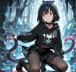 ai-created ai_generated arm_support bangs black_choker black_clothes black_hair black_hoodie black_legwear black_pantyhose black_skirt blush choker clothing collar crystal day drawstring english_language english_text extreme_content female fishnets forest grass grey_eyes high_resolution hood hood_down hoodie kneeling legwear limited_visibility long_sleeves midriff_peek miniskirt nature no_shoes nofuckinggame open_mouth original outdoors pantyhose parted_lips plant pleated_skirt shirt short_hair sitting skirt solo tentacle text tree wide-eyed