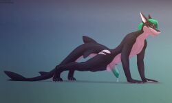 2025 4_toes absurd_res all_fours anthro ass athletic athletic_anthro athletic_male balls bedroom_eyes biped black_body black_claws blue_background bodily_fluids butt_markings character_request chromatic_aberration claws cool_colors countershade_feet countershade_torso countershading dripping ears_back ejaculation erection feet fin finger_claws fingers fish genital_fluids genitals grade gradient_background green_background green_eyes green_hair hair hi_res humanoid_genitalia humanoid_penis leaking_precum long_tail looking_at_viewer male marine markings multicolored_body narrowed_eyes nude paws pecs penis pivoted_ears planking pose precum precum_drip seductive shaded shark simple_background slim smaller_version_at_source smile snout soft_shading solo suggestive tail tail_fin teal_penis text thick_tail toe_claws toes two_tone_body url virtyalfobo white_body white_markings