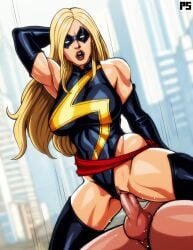1boy bare_shoulders black_gloves blonde_hair boots breasts carol_danvers city elbow_gloves female gloves highres large_breasts leotard long_hair marvel mask ms._marvel ponpu_(pumpkinsinclair) pussy red_lips red_sash sash sex superhero_costume thick_thighs thigh_boots thighs vaginal_penetration wide_hips
