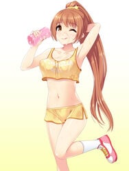 :p arm_up armpits artificial_vagina blush breasts brown_eyes brown_hair crop_top cum cum_on_body cum_on_breasts cum_on_upper_body facial female fujimiya_yuu hair_ornament highres idolmaster idolmaster_cinderella_girls leg_up long_hair looking_at_viewer midriff navel ponytail shorts smile solo sweat tank_top tied_hair tongue very_long_hair wakabayashi_tomoka wink