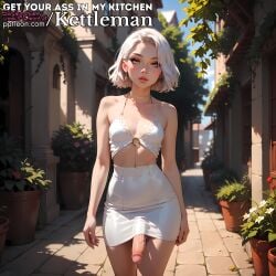ai_generated amber_eyes circumcised cocktail_dress dickgirl dress earrings futanari intersex kettleman large_penis penis_under_dress penis_under_skirt seductive sexy skirt slender_waist slim_waist solo veiny_penis white_hair yellow_eyes