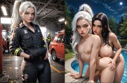 anal black_hair blue_eyes doggy_style femboy futanari green_eyes huge_breasts lacrinar nude pool small_penis white_hair