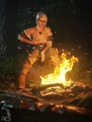 3d alcohol boots breast_grab breasts campfire cd_projekt_red ciri drinking female forest green_eyes light-skinned_female looking_at_viewer mascara night nipples outdoors presenting_breasts scar solo solo_female the_witcher_(series) the_witcher_3:_wild_hunt white_hair witcher_medallion witcherres