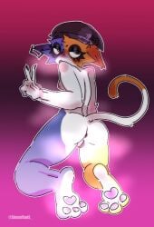 anthro ass beanie calico_cat clothing domestic_cat epic_games felid feline felis female fortnite gesture hand_gesture hat headgear headwear mammal meow_skulls meow_skulls_(fortnite) nude rear_view sinnerbuns solo v_sign
