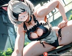 ai_female ai_generated athletic_female black_blindfold cat_cutout cat_ears clenched_teeth cutout fake_animal_ears female nier:_automata oktobersky short_hair split training white_hair yorha_2b