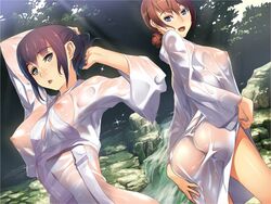 2girls areolae arms_up ass ayataka_shizune blue_eyes breasts brown_hair clothing game_cg happy highres japanese_clothes kagurazaka_kojuurota kimono legs looking_at_viewer looking_back medium_breasts mole multiple_girls nipples purple_hair river samurai_hormone see-through see-through_clothing short_hair smile standing suzuki_mei sweat thighs water wet wet_clothes