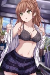 3girls bad_id bad_twitter_id bag bang_dream! black_bra blue_bag blurry bra breasts brown_hair classroom cleavage collarbone curtains day depth_of_field desk duffel_bag dutch_angle earrings faceless faceless_female grey_eyes gym_uniform haneoka_school_uniform highres imai_lisa indoors jewelry long_hair long_sleeves multiple_girls narafume navel open_mouth pleated_skirt ribbon school school_bag school_desk school_uniform shirt skirt sky solo_focus table toned tree underwear undressing window