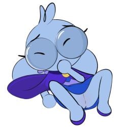 anthro blue_body blue_fur blush body_blush cloak closed_eyes clothed clothing embarrassed female footwear fur genitals hi_res mammal mrdegradation murid murine no_underwear pussy pussy_blush rodent shoes solo upskirt winnie_(eva_figueroa)