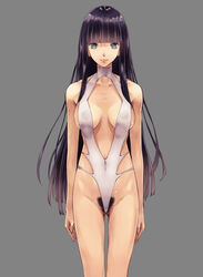 1girls bangs black_hair blue_eyes blunt_bangs breasts casual_one-piece_swimsuit female grey_hair highres hime_cut light_smile long_hair nipples one-piece_swimsuit original pubic_hair see-through simple_background solo standing swimsuit very_long_hair yuzawa