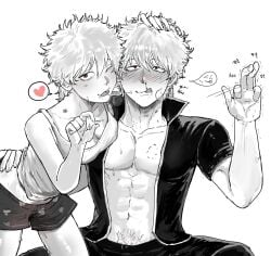 1boy 1girls bite_mark blush bodily_fluids cleavage dual_persona female genderswap_(mtf) gintama gintoki_sakata licking_lips looking_at_viewer male monochrome nosebleed oiiiioioioiio open_shirt red_eyes rule_63 saliva_trail selfcest short_hair smile spot_color tank_top tongue_out underwear very_short_hair wink