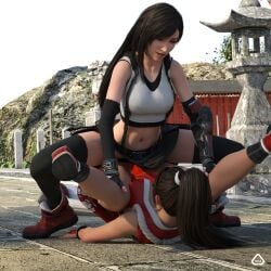 2girls amazon_tribadism anoral athletic_female breasts catfight crossover fatal_fury female female/female female_only fight fighting final_fantasy final_fantasy_vii japanese_clothes king_of_fighters lesbian_sex long_hair mai_shiranui multiple_girls sports_bra spread_legs standing_tribadism tank_top tribadism tribadism_through_clothing wrestling yuri