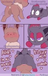 absurd_res anus balls blush bodily_fluids comic cum cum_in_ass cum_inside duo eevee english_text feral from_front_position generation_1_pokemon generation_5_pokemon genital_fluids genitals heart_symbol hi_res male male/male mating_press nintendo pokemon pokemon_(species) porldraws sex simple_background sweat text zorua
