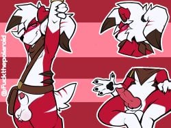 animal_genitalia anthro bag balls belt black_nails black_pawpads colored_nails ear_piercing ear_ring fur generation_7_pokemon genitals giovanni_(yasterwolly) hair hi_res kerchief knot knotted_penis lycanroc male midnight_lycanroc multiple_poses nails nintendo pawpads penis penis_tip piercing pokemon pokemon_(species) ponytail pose red_body red_eyes red_fur red_stripes ring_piercing sheath simple_background small_tail solo stripes tail white_body white_fur white_hair white_stripes yasterwolly