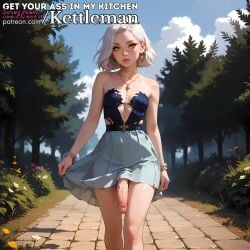 ai_generated amber_eyes circumcised cocktail_dress dickgirl dress earrings futanari intersex kettleman large_penis penis_under_dress penis_under_skirt seductive sexy skirt slender_waist slim_waist solo veiny_penis white_hair yellow_eyes