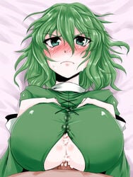 angry bed_sheet blush clothed_sex cum cum_on_clothes cum_under_clothes dress female green_eyes green_hair kuon_yashiro lying male outercourse paizuri paizuri_under_clothes penis short_hair soga_no_tojiko solo_focus straight sweatdrop touhou