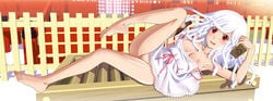 barefoot blush bottle box breasts donation_box dress drooling feet female female highres koimonogatari long_hair looking_at_viewer lying monogatari_(series) nipples no_panties pussy red_eyes sake_bottle sengoku_nadeko shrine smile snake_hair solo strap_slip toes tooo uncensored white_hair