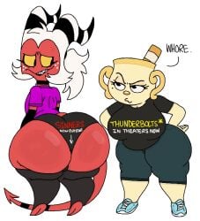 1boy 1girls big_ass big_balls big_breasts big_butt big_nipples big_penis big_thighs breasts crossover cuphead:_the_delicious_last_course cuphead_(game) female femboy helluva_boss male male_focus moxxie_(helluva_boss) ms._chalice theslashfive thunderbolts*
