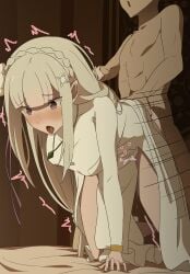 1boy 1girls ahe_gao ahegao ahegao_face arm_grab arm_pull backshots blushing clothed clothed_sex cum doggy_style doggystyle dominant_male donezo elf elf_ears elf_female emilia_(re:zero) female hip_grab leaking male netorare ntr on_bed penetration purple_eyes pussy_juice pussy_juice_drip re:zero_kara_hajimeru_isekai_seikatsu regulus_corneas sex sex_from_behind shaking shaking_hips silver_hair submissive_female thighs tongue_out villain_on_heroine
