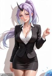 1other ai_generated black_skirt blue_hair blush breasts cleavage collarbone collared_shirt cowboy_shot female formal high_resolution highres horns jacket large_breasts long_hair long_sleeves looking_at_viewer miniskirt multicolored_hair office_lady oni_horns parted_lips pencil_skirt ponytail purple_eyes purple_hair rimuru_tempest shion_(tensei_shitara_slime_datta_ken) shirt single_horn skirt slime_(creature) smile solo stable_diffusion suit tensei_shitara_slime_datta_ken waifuscans418 white_background white_shirt