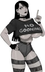 big_breasts black_hair breasts breasts_peeking_out_of_shirt choker crop_top devil_hs edit gooning goth goth_girl huge_breasts large_breasts massive_breasts striped_legwear stripes_(devil_hs) text_on_clothing transparent_background