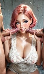 1girls 2boys ai_generated ai_hands alix_kubdel bare_arms bare_shoulders blue_eyes blush blushing_at_viewer breasts cleavage disney disney_channel eyebrows eyelashes eyeliner eyeshadow female handjob hi_res large_breasts looking_at_viewer male miraculous:_tales_of_ladybug_and_cat_noir miraculous_ladybug naked_male pink_hair red_hair smiling smiling_at_viewer waifufamily