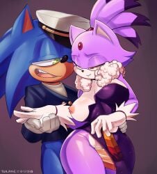 absurd_res alternate_costume anthro big_breasts blaze_the_cat breasts clothing domestic_cat dress duo eulipotyphlan eye_contact felid feline felis female genitals gloves green_eyes hand_fan hand_holding hand_on_hip handwear hat headgear headwear hedgehog hero hi_res humanoid looking_at_another male male/female mammal nipple_slip penis princess romantic romantic_couple royalty rubbing sega smile sonic_(series) sonic_the_hedgehog sonic_the_hedgehog_(series) suit teapose2 teasing the_murder_of_sonic_the_hedgehog yellow_eyes