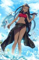 absurdres alternate_costume bikini black_hair black_sarong blue_eyes blue_hair blue_sky breasts crop_top dark-skinned_female dark_skin earrings female finizen hair_bun highres hoop_earrings jewelry long_hair looking_at_viewer multicolored_hair navel necklace nessa_(pokemon) outdoors palafin palafin_(zero) pokemon pokemon:_twilight_wings pokemon_(creature) red_bikini ryairyai sarong single_hair_bun sky smile solo standing swimsuit two-tone_hair water