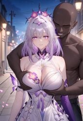 1girls ai_generated castorice_(honkai:_star_rail) dark-skinned_male degenbrecher dress elf_ears female flowers grabbing_breasts grabbing_from_behind honkai:_star_rail honkai_(series) hoyoverse large_breasts long_hair looking_at_another mihoyo molestation purple_eyes white_dress white_skinned_female